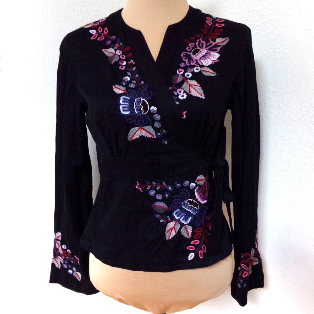 French Connection Black Floral Embroidered Wrap Top